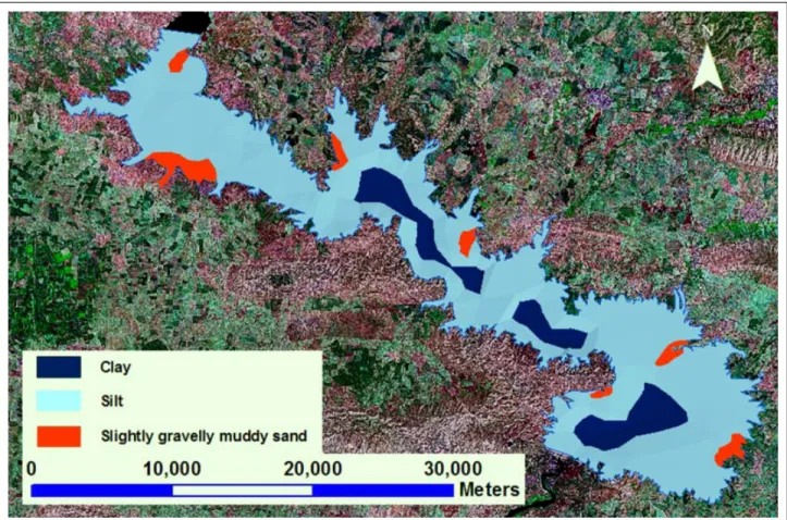 Figure 4.   Map of the Mosul Reservoir showing the deposition pattern of various sediment size fractions.