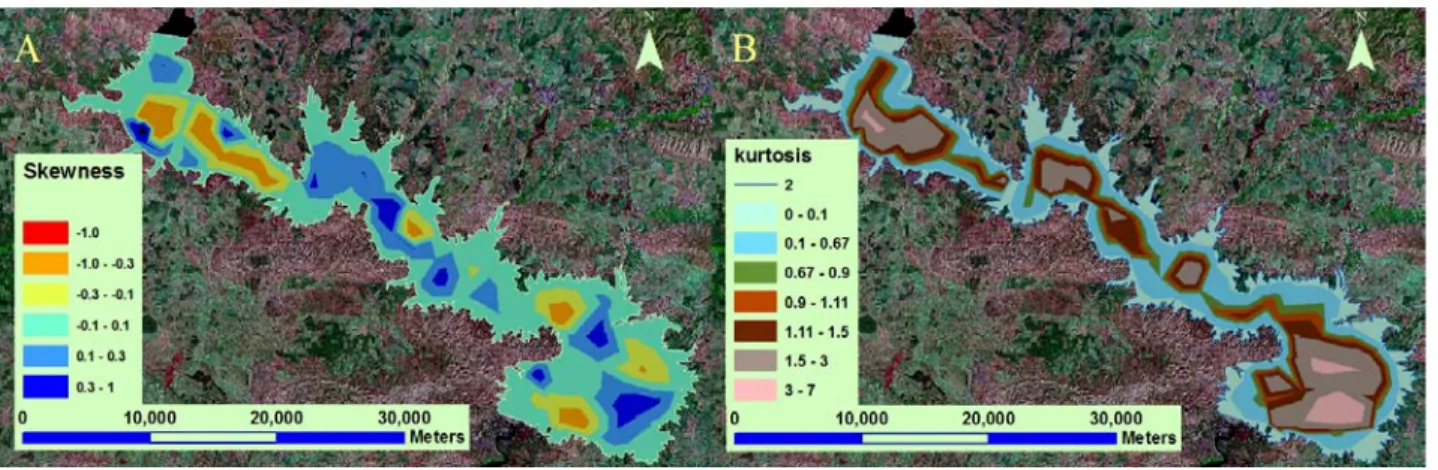 Figure 11.  Distribution of the Skewness (A) and Kurtosis (B) for bottom sediment of Mosul Reservoir.