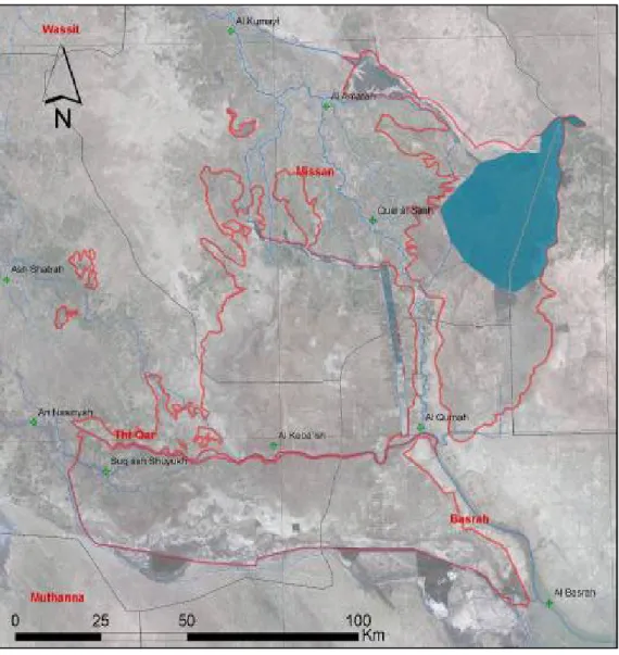 Figure 15: The Mesopotamian marshlands in 2002 (red  line indicates 1970 extent) (Iraqi Ministries, 2006c).