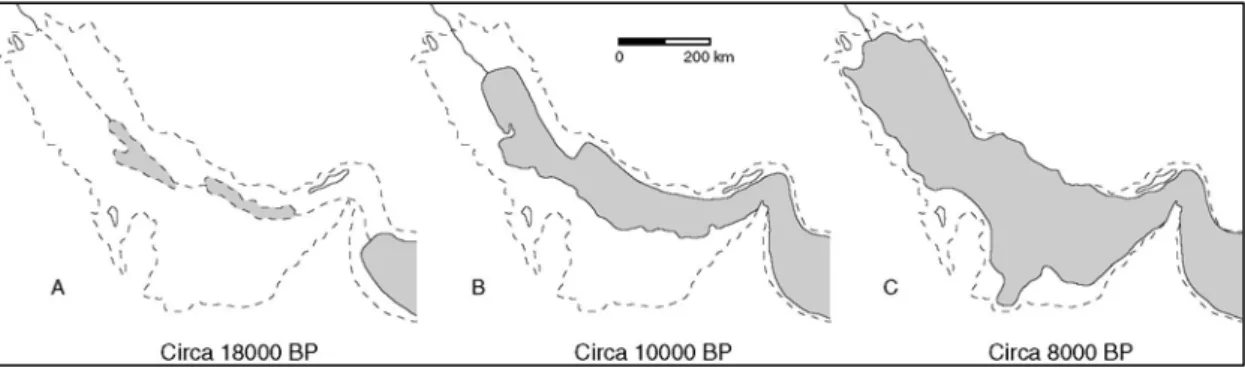 Figure 5: Postglacial transgression of the Gulf area (after Sanlaville, 2001). 