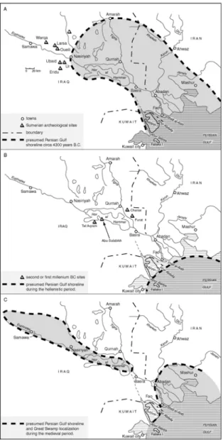 Figure 6: Evolution of the Gulf level and of the Lower Mesopotamian shoreline since the  postglacial transgression (after Sanlaville, 2001)