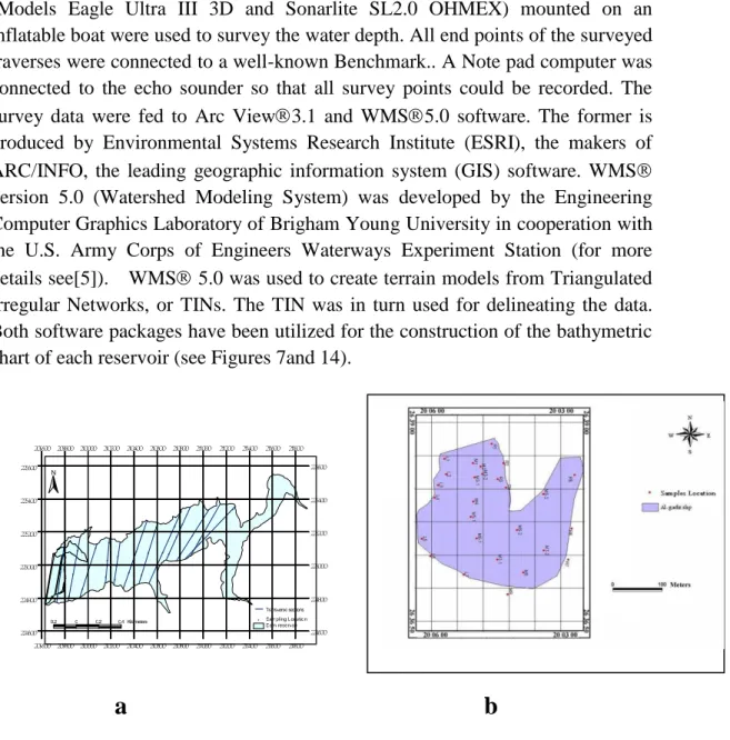 Figure 2: Transverse sections and sampling locations of bottom sediments within  Reservoirs of (a)Wadi Al-Arab and (b)Alghadeer Alabyadh    dams