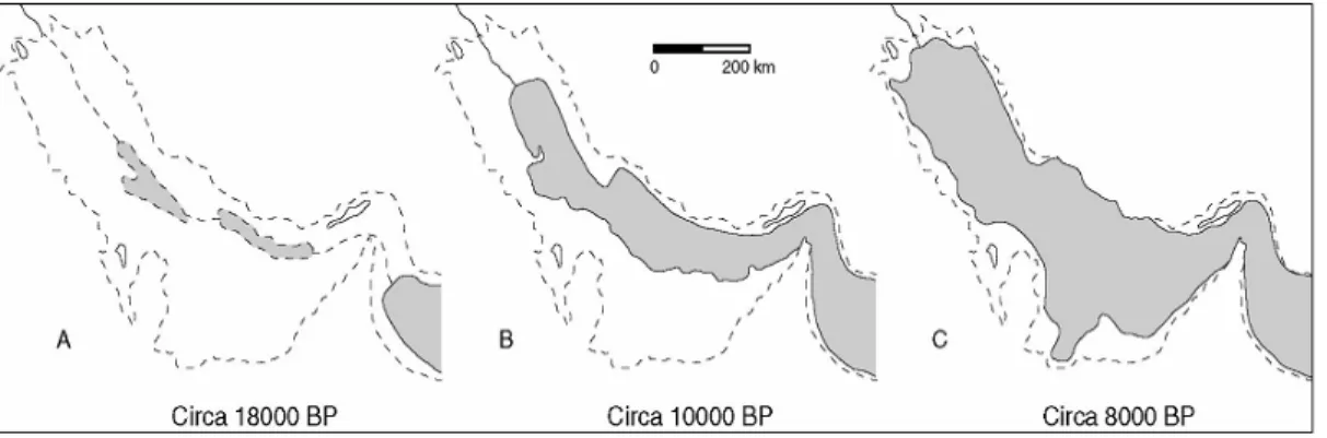 Figure 6: Postglacial transgression of the Gulf area (14). 