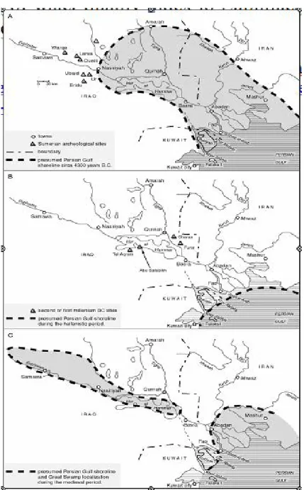 Figure 7: Evolution of the Gulf level and of the Lower Mesopotamian shoreline 