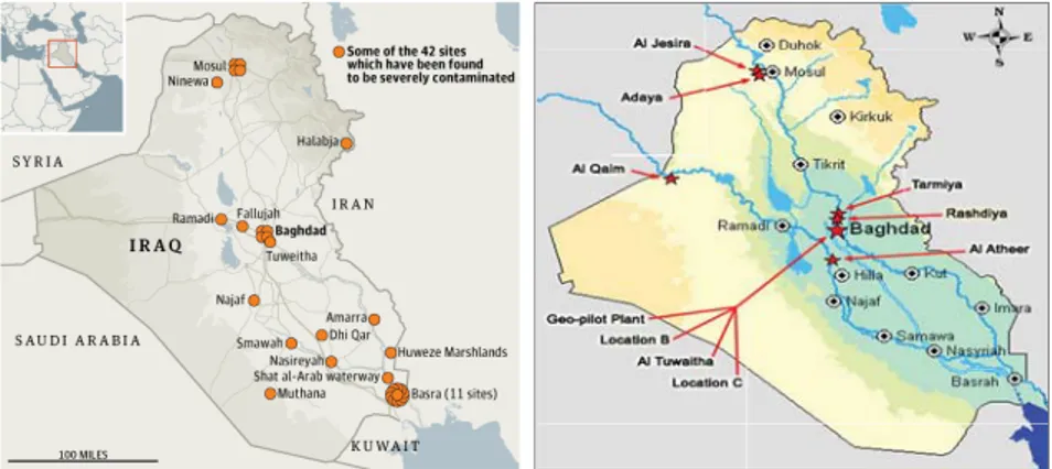 Figure 2:  Contaminated sites with DU in Iraq. Left: Military action sites  [23]. Right: Bombed nuclear facilities