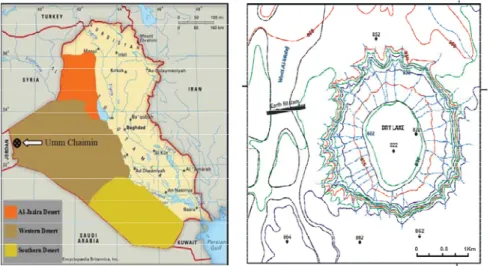 Figure 4:  A: Western, Southern and Jezera Deserts in Iraq. B: Topographic  map of Umm Chaimin