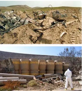 Figure 4. Left radioactive scrap and soil at Adaya site northern  Iraq. Right, soil contamination at Al-Tuwaitha site—RWTS  Warehouse near Baghdad (www.iaea.org)