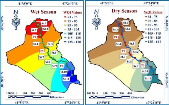 Figure 3: Distribution maps of the Water Quality Index WQI values along  Tigris. River in 2016 during a wet season and a dry season