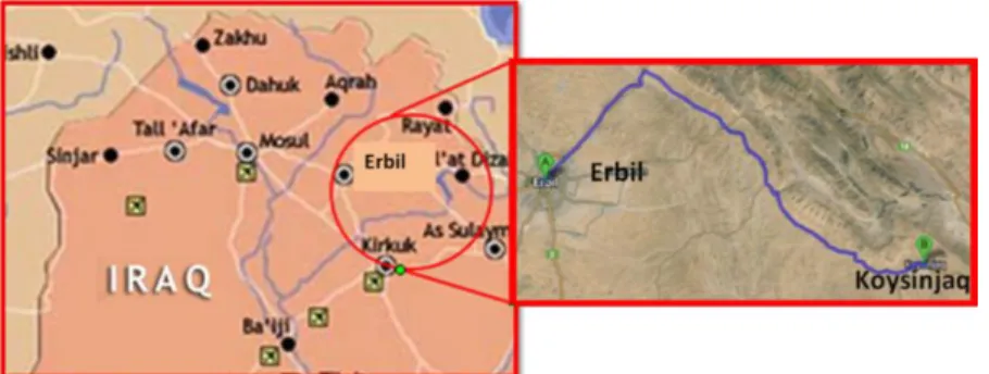 Figure 2: Location of Koysinjaq area according to the Erbil city at Kurdistan region of Iraq, (source: flickr.com and  Googol map)