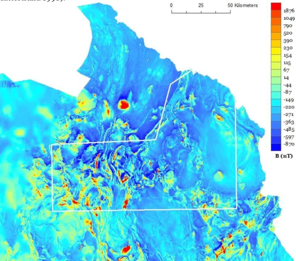 Figure 3. Magnetic anomaly map. White solid line marks the project area. © SGU. 