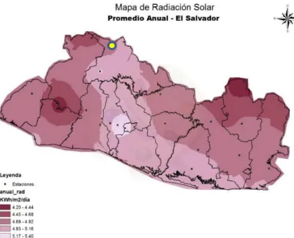 Figure 13. The solar potential in El Salvador. The yellow dot represents the location of  Cuna de la Paz