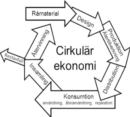 Figur 2. Figuren beskriver cirkulära ekonomins kretslopp. En produkt designas av det råa materialet och går  sedan in i produktion, distribution och sedan konsumtion