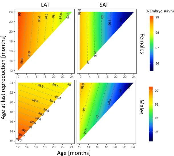 Figure 3. The effect of within-ejaculate sperm selection on age-specific embryo survival in males and females in SAT and LAT treatments.