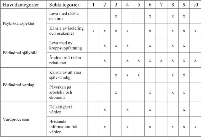 Tabell 2. Översikt av huvudkategorier och subkategorier