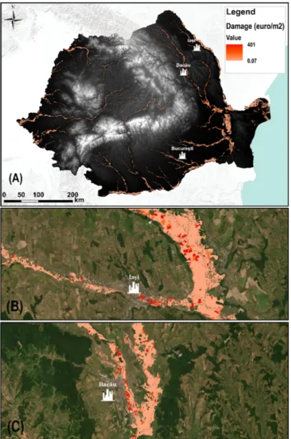 Figure 5. Damage map for (A) Romania at 30 m resolution for an event with a 100-year return time  and for (B) and (C) two major cities of Romania affected by past flood events