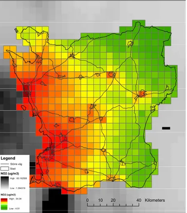 Figur 5. Spridningsmönster av årsmedelvärden av kvävedioxid modellerad med MATCH-modellen, SMHI