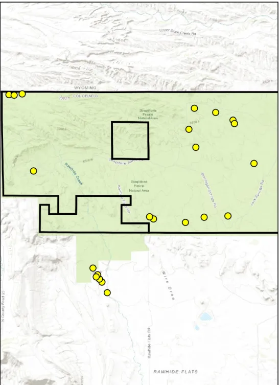 Figure 1. Map showing distribution of 2018 amphibian surveys on the Soapstone Prairie Natural  Area property
