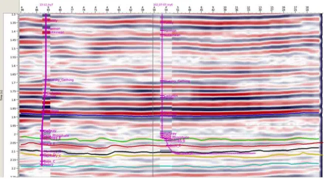Figure 4.5: Cross-section of the PS 1 seismic with inlayed seismograms from wells 13-12 and