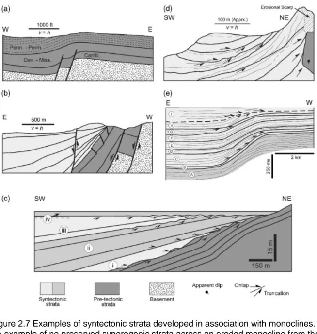 Figure 2.7 Examples of syntectonic strata developed in association with monoclines. (a)  An example of no preserved synorogenic strata across an eroded monocline from the  Black Hills of the Western United States