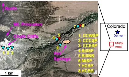 Figure 2.3: Location of passive seismic sensors at Mt. Princeton geothermal area; station names SP (in blue triangle) and BB (in red triangle), denote the short-period and  broad-band, respectively.