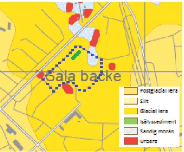 Figur 10. Geologisk karta över jordarter från Sveriges geologiska undersökning  (SGU, u.å)