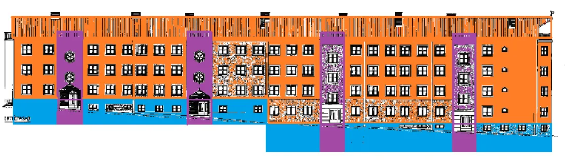 Figur 11. Zonindelning i VIP-Energy. Orange = zon 1 (lgh), blå = zon 2 (källare) och  lila = zon 3 (trapphus)