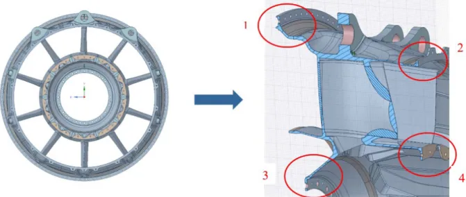 Figure 8: Two views of the TRS, the P-flange (1), rear flange (2), bearing flange (3) and flow  path flange (4)