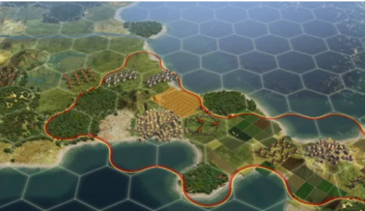 Figur 2: Kartan i Civilization V är uppbyggt av ett  hexagonalt rutnät. (Digital Trends, 2010)
