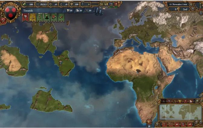 Figur 3: En skärmdump av spelet Europa Universalis IV. Nord- och Sydamerika är ersatta med processuellt  genererade kontinenter