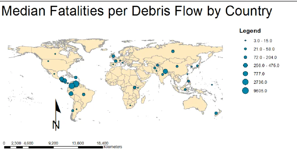 Figure 4.3: Map showing distribution of median debris-flow fatalities within countries recorded in the database