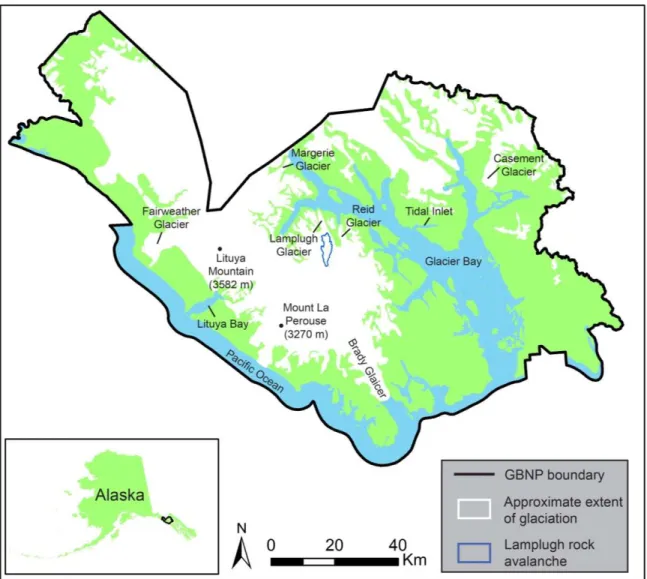 Figure 2-1. Map of Glacier Bay National Park and Preserve showing the location of the  Lamplugh rock avalanche (Alaska Department of Natural Resources, Information Resource  Management, 1998a, 1998b; National Park Service, 2014)  