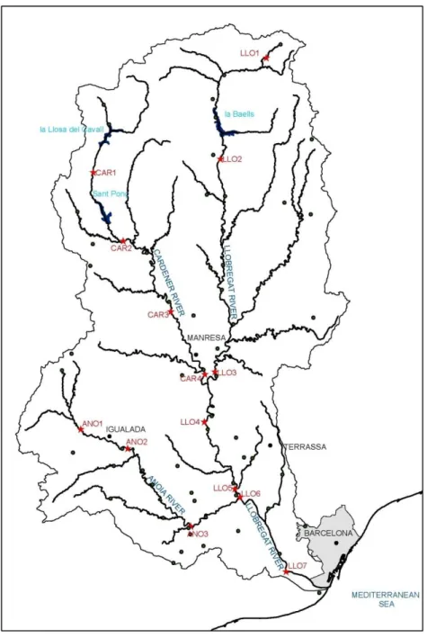 Figure  2.  Llobregat  Catchment  area.  Location  of  14  sampling  points (red stars) and WWTPs (green points)