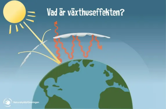 Figur 1. Bilden visar hur värmestrålningen rör sig mellan jorden och atmosfären.