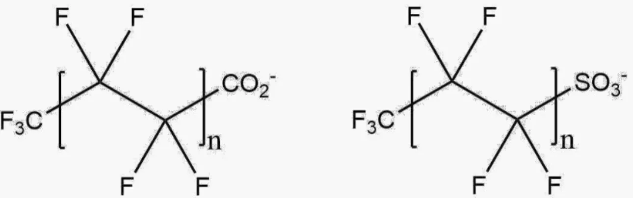 Figure 1. Image showing generic stick structure of PFAS anions capped with  either a carboxylic acid or sulfonate group, n denotes that the hydrophobic C-F  chain can be longer or shorter depending on the specific PFAS molecule