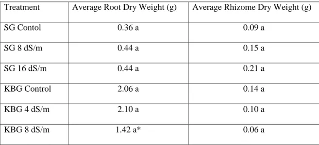 Table 1.1: Average Dry Weights of Roots and Rhizomes from In-growth root tubes.  Letters  indicate differences in mean separation test