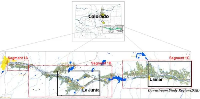 Figure 1-2. The Lower Arkansas River Valley in Colorado with two CSU study regions (black boxes) within  Segments 1B and 1C of the Arkansas River 