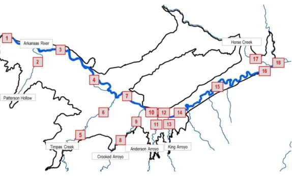 Table 3-1 describes the locations in relation to the nearest road, nearest town, or landmark within  the watershed, and the approximate width of the stream cross section