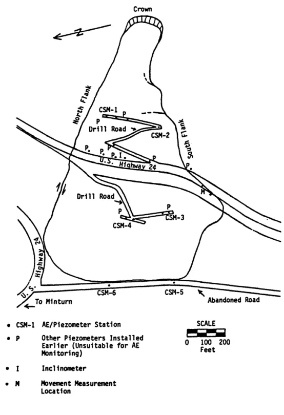 FIGURE  9  Map of  the  Battle Mountain  Slide with  AE  Station  Locations