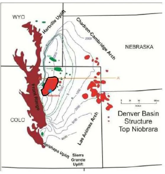 Figure 1.1: Map of Wattenberg Field outlined in black (Sonnenberg, 2013). Blue star indi- indi-cates study area.