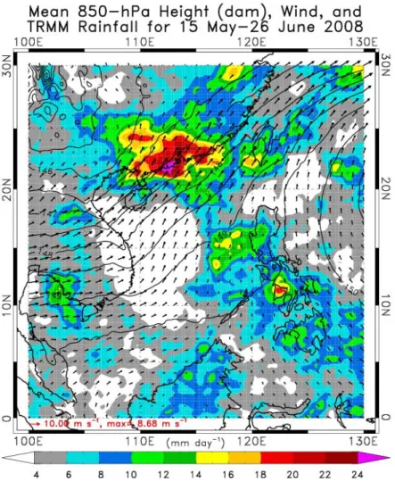 Fig.  3.1.  Mean  rainfall  (mm  day -1 )  from  the  3B42v6  algorithm  from  Tropical  Rainfall  Measurement  Mission  (TRMM)  for  the  special  observing  period  (SOP;  15  May–26  June  2008)  of  TiMREX  (shaded  according  to  the  color  bar;  mm 