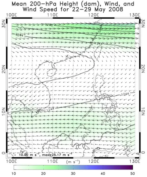 Fig. 3.6. Map of 200-hPa height (dam), wind velocity (vectors; reference and maximum value at bottom-