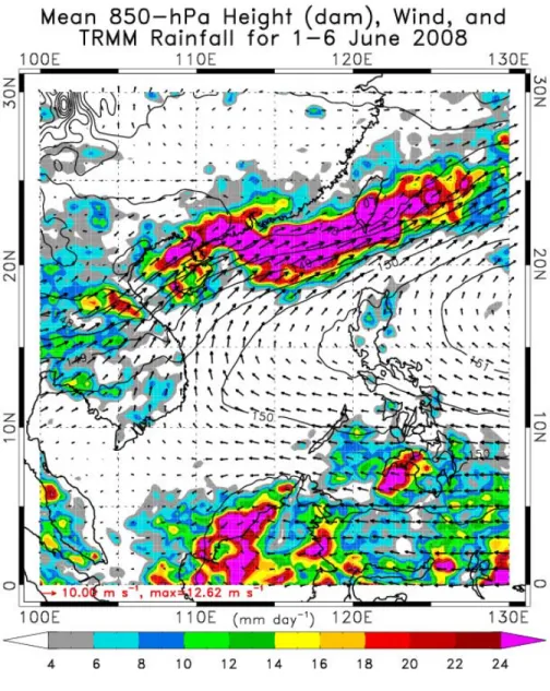 Figure 3.7 provides the mean rainfall and 850-hPa patterns for DIST, and 