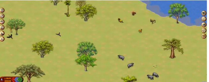 Figur 2.3.2: Skärmdump från safarit i spelet SimSafari. Bilden är en egen skärmdump. 8