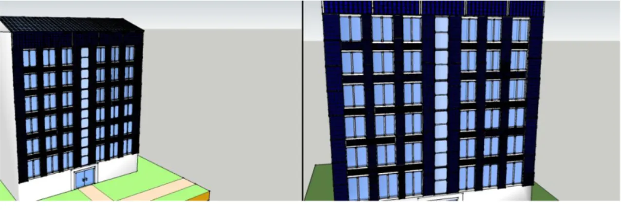 Figure 6: Sketch showing how the six storey building with solar panels on the walls and  roof might look [30] 