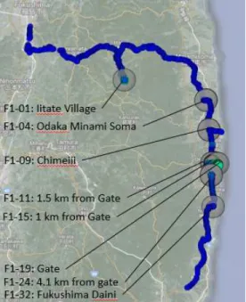 Figure 7: Sample collection sites along the course of sampling in June 2013 and July 2014, which is tracked  by smaller circles