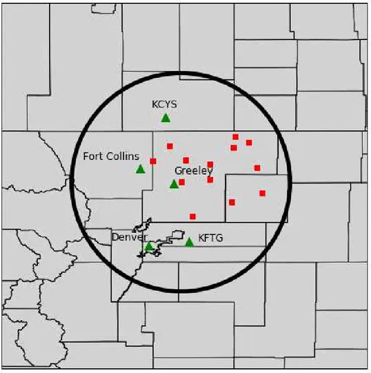 Figure 2.2: Plot showing the Colorado Lightning Mapping Array (COLMA). Red boxes denote the locations of the  various LMA stations while green triangles show city and radar locations