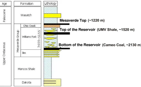 Figure 2.8: Stratigraphic column of Rulison field (after Xu &amp; Tsvankin, 2007). The gas- gas-producing reservoir is bounded by the UMV shale (the target layer in this study) and the Cameo coal.