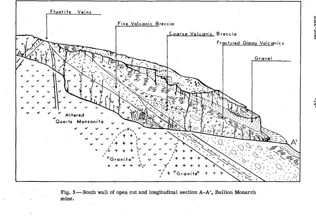 Fig.  3-South wall  of  open cut and longitudinal  section A-A', Bullion Monarch  mine