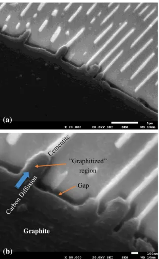 Figure  17.  SEM  images  of  SGI-3  showing  local  graphitization  after  cycling  test,  in  two  different magnifications: (a) low magnification and (b) high magnification