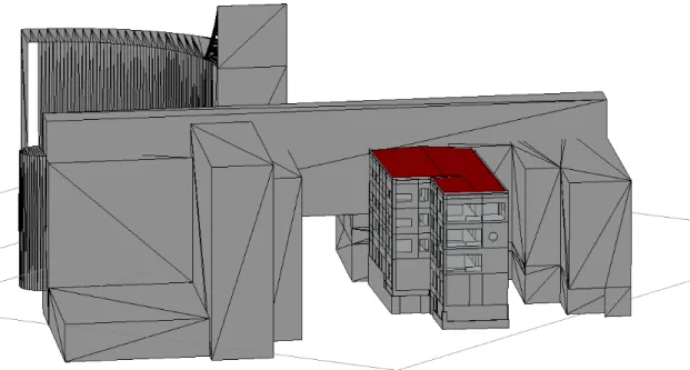 Figur 8  BIM-modellen i Ecotect i 3D-Visualiserings läge med omgivande byggnadsmassor.